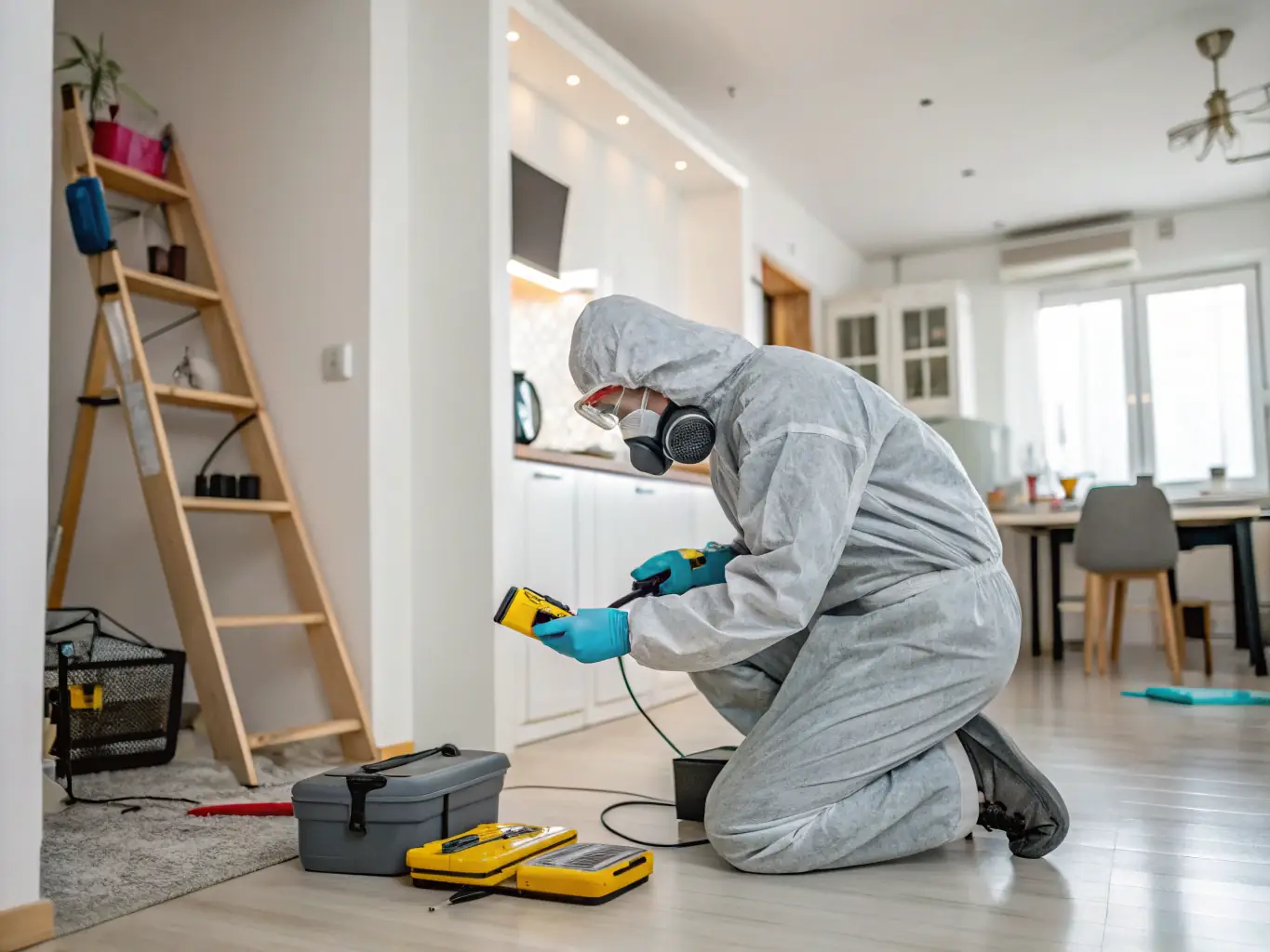 A commercial building interior being inspected for lead-based paint, with a focus on the professional using XRF analysis equipment on a wall.