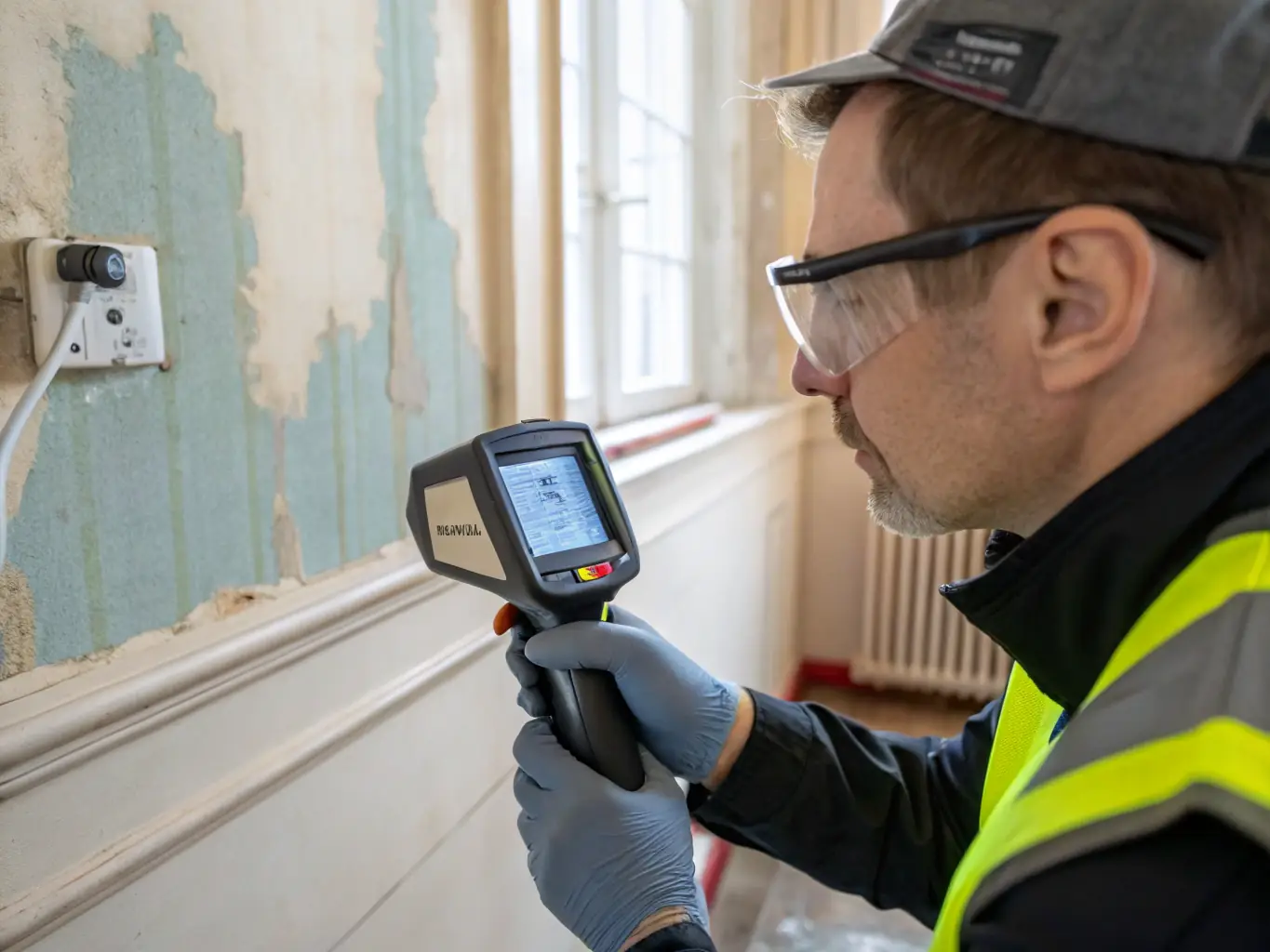A professional using XRF analysis equipment on a wall, demonstrating the advanced technology used for lead detection.