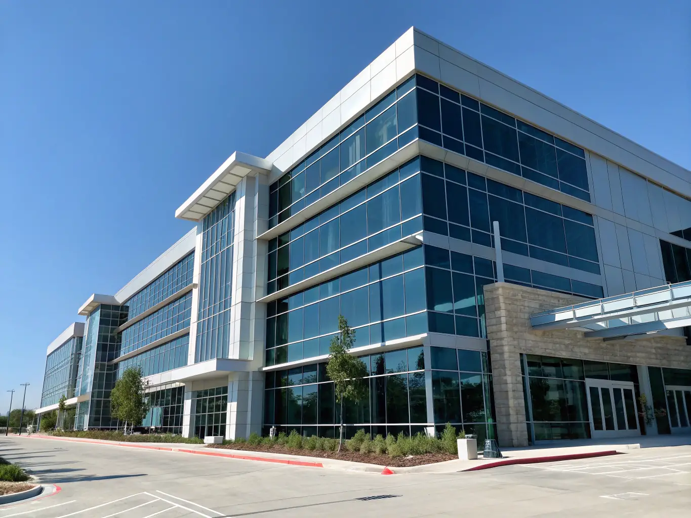 A modern commercial building with a focus on safety signage, highlighting the need for commercial lead inspections to protect employees and customers.