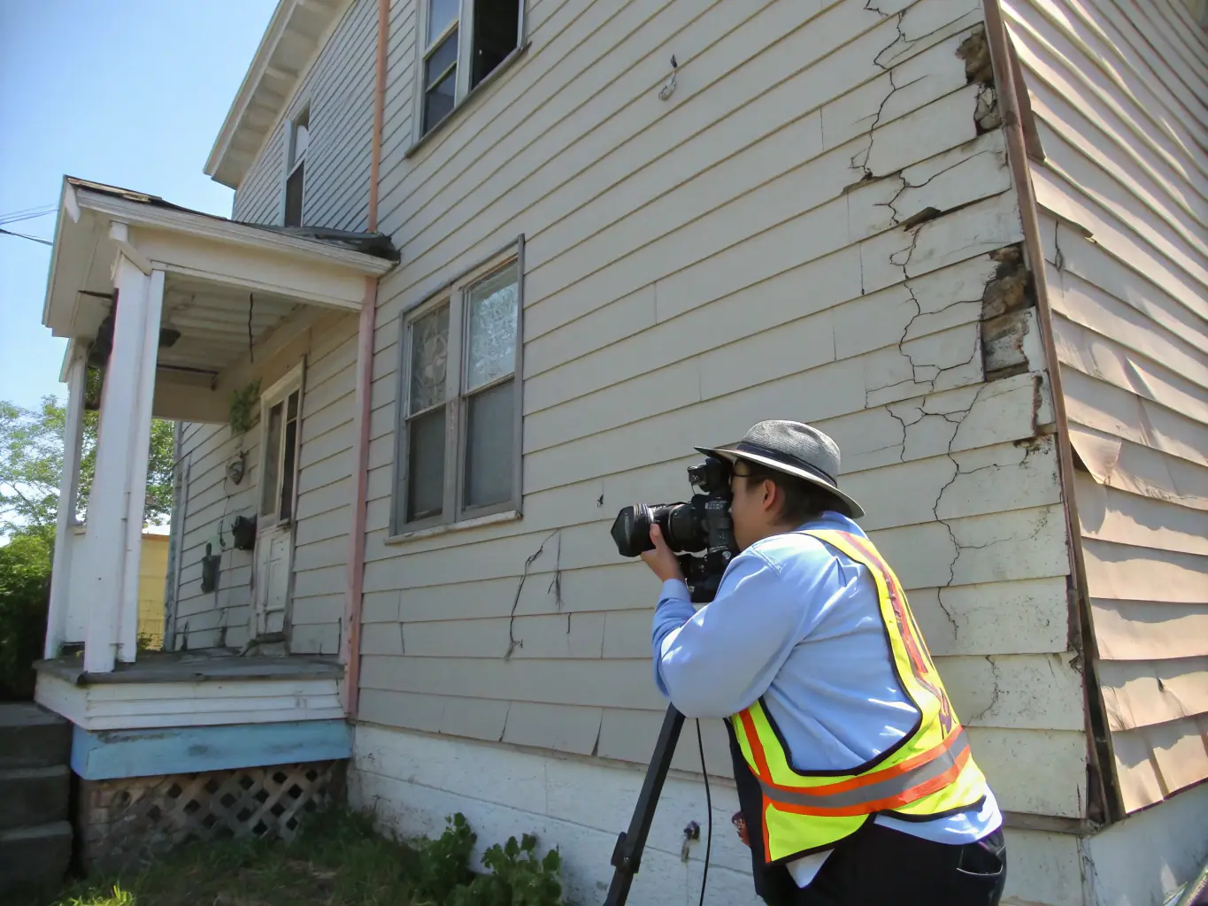 A residential house exterior being inspected by a professional wearing safety gear, focusing on potential lead paint areas.